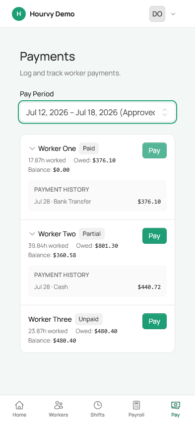 Owner payments screen for logging cash, transfer, or check pay