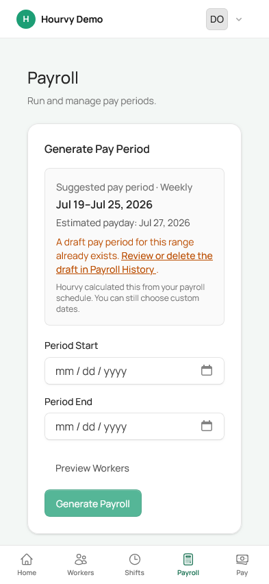 Owner payroll screen for generating a pay period