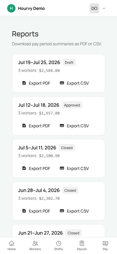 Owner reports list with PDF and CSV export