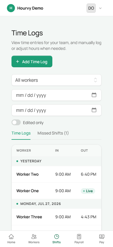Owner time logs with live clock-ins and editable entries