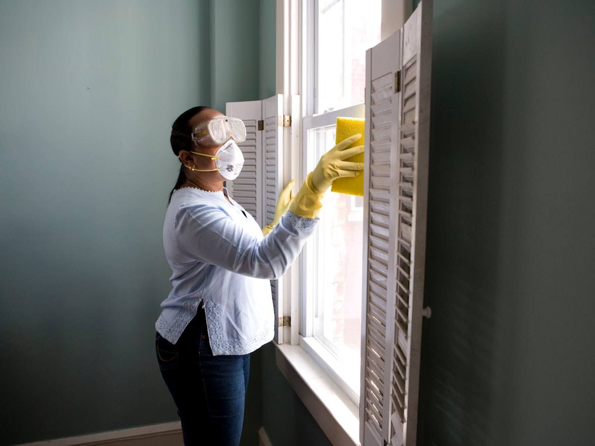 Professional cleaner wiping down a kitchen surface