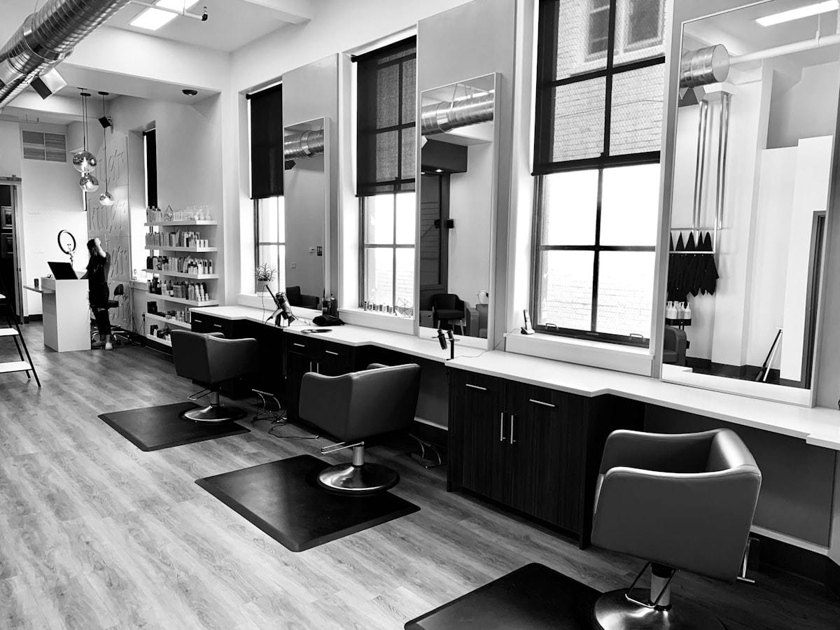 Hair salon interior with styling stations