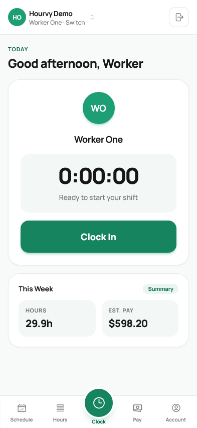 Worker clock-in screen with one-tap start and weekly hours summary