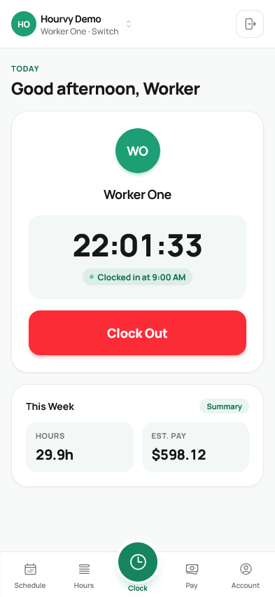 Worker clock-out screen with live shift timer