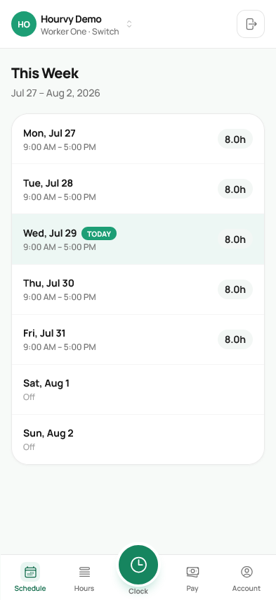 Hourvy worker weekly schedule with planned shift hours